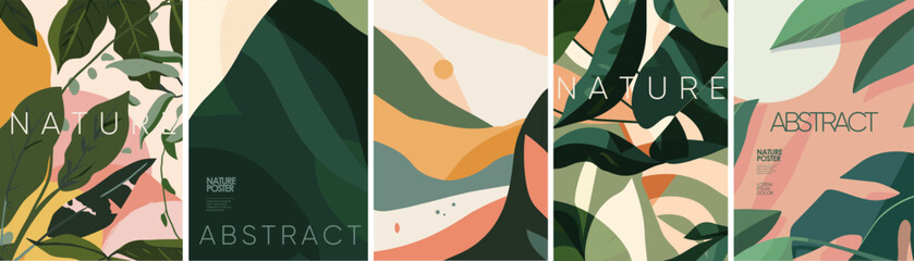 Tropical abstract nature. Vector aesthetic modern illustration of leaves, plants, landscape for interior poster, card, pattern or background