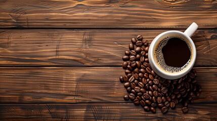 White cup of steaming black coffee with a natural swirl, coffee beans scattered on a rustic wooden background