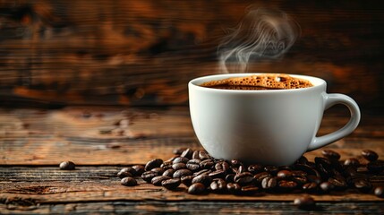 White cup of steaming black coffee with a natural swirl, coffee beans scattered on a rustic wooden background