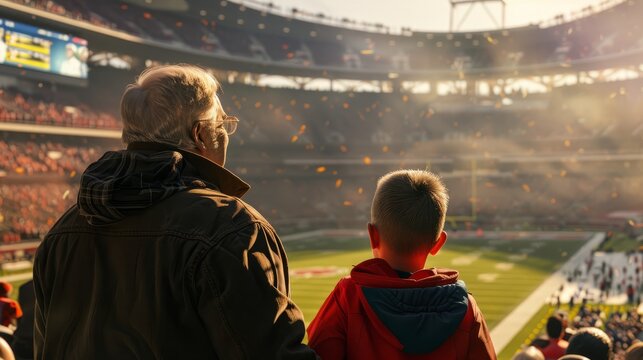 grandfather and grandson at an outdoor football stadium among other fans watching the game