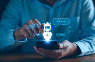 Wall Mural - ai chat bot technology concept, business man using technology smart robot ai intelligence, command p