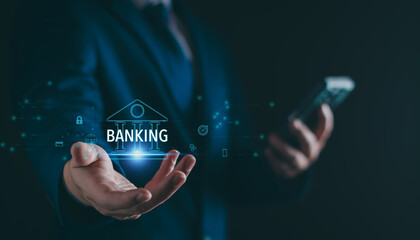 Wall Mural - businessman holding banking network connection. digital online marketing. finance and banking networ