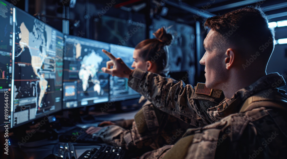 Modern Military Surveillance Officer centers with soldiers working on computer screens displaying tactical maps and data, Control and Monitoring for Managing National Security, and Army Communications