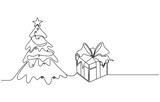 Fototapeta Dinusie - Continuous one line line drawing of xmas tree and gift. Merry Christmas concept, Merry Christmas. continuous line design. Christmas tree with toys and gifts, Christmas fir tree and gifts. Continuous