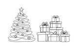 Fototapeta Dinusie - Continuous one line line drawing of xmas tree and gift. Merry Christmas concept, continuous line one line Christmas tree star decorated with presents beside Christmas hand drawn illustration vector