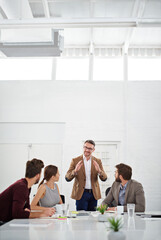 Poster - Business people, teamwork and meeting in office for strategy for project management, information and client feedback. Discussion, conversation and creative ideas for collaboration on company task.