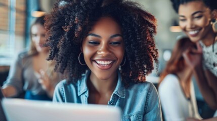 Wall Mural - A Smiling Woman Using Laptop