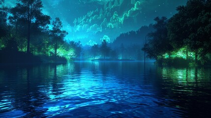 Wall Mural - Lakes and Rivers Serene: A neon photo depicting a serene lake or river