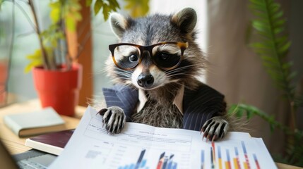 Wall Mural - A raccoon in a suit inspecting a financial report