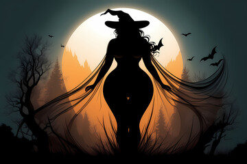 spooky illustration where a Halloween witch stands, silhouetted against an eerie backlight, adding an air of mystery and enchantment