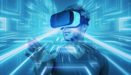 Capture the thrill of cutting-edge technology with this dynamic image of a man wearing goggles, set against a backdrop of zooming futuristic abstract light, tech, gaming, and sci-fi themes