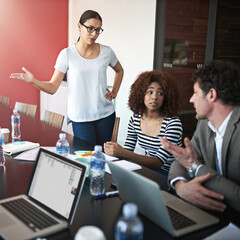 Wall Mural - Discussion, boardroom and teamwork for meeting with colleague, office and corporate for planning. Professional, communication and financial advisor people, team or technology for strategy and project