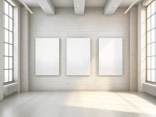 Wall Mural - Three blank posters on a white brick wall in a bright interior space, concept of gallery exhibition. Generative AI