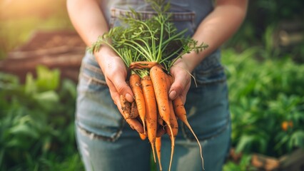 Wall Mural - Fresh carrots picked from bio farm or garden in woman hands.. with high resolution photography, copy space for text banner background