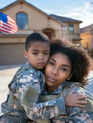 Wall Mural - A woman in military uniform holding a child with american flag. Generative AI.