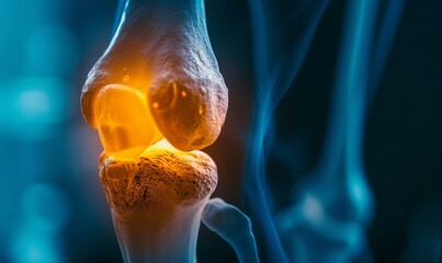 A close up of a knee joint with an orange glow. AI.