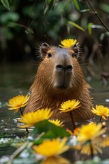 Sticker - A capybara is swimming in a pond with yellow flowers. AI.