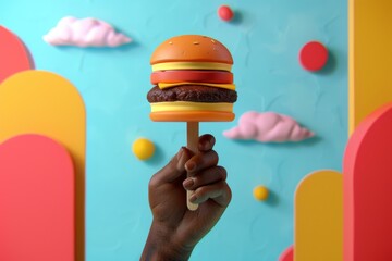 Poster - A hand holding a hamburger on top of an ice cream stick. AI.