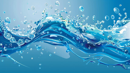 Wall Mural - Blue Background, Dynamic Water Wave and Bubbles