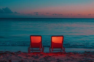 Sticker - Two beach chairs sit on the sandy beach with a calm sea and clear blue sky in the background , neon light