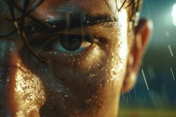 A close-up of a soccer player's focused face, sweat dripping, eyes on the ball, in a crucial game moment, vibrant stadium lights in the background casting dramatic shadows.