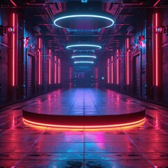 Futuristic hallway with neon lights and a glowing platform, creating a vibrant and modern sci-fi atmosphere.