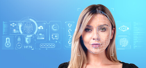 Young businesswoman and facial scanner, digital hologram and statistics