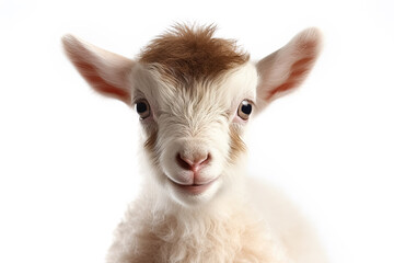 Sticker - Portrait of cute baby goat on white background. Generative Ai