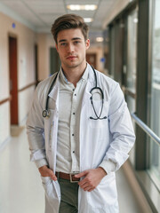 Wall Mural - Portrait of a young male doctor in a medical gown against the background of the hospital. Medical specialist in the clinic