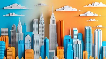 Paper art style of a vibrant urban skyline featuring towering skyscrapers and bustling city streets, enhanced with paper cut styles, and presented as an illustration template