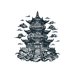 Wall Mural - The Pagoda. Black white vector illustration.