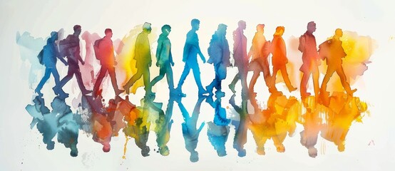 Wall Mural - Colorful group of people walking together, watercolor illustration on white background, rainbow color palette, reflection effect, vector art style, simple design, high resolution