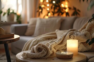 Wall Mural - A cozy living room with soft lighting, a beige sofa covered in blankets, and an alarm clock on the coffee table. A candle is lit nearby adding to the warm ambiance. The focus of attention 