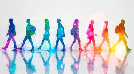 Canvas Print - A group of people walking in different directions, each one representing the colors and elements associated with diversity. The background is white 