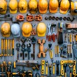 © sakareeya - Close-up shot of construction equipment and tools neatly arranged at a construction site, ready for use by workers