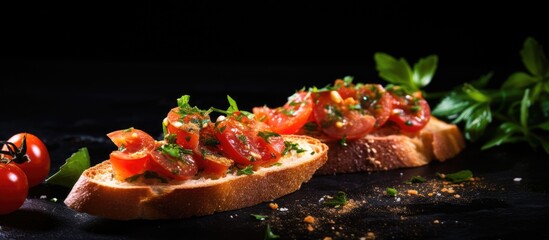 Wall Mural - Tomatoes and bread with herbs on a black surface