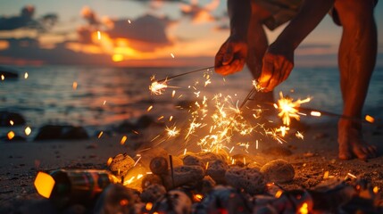 A man is lighting a fire on a beach with a sunset in the background