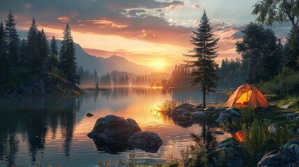 Wall Mural - A beautiful scene of a lake with a small orange tent on the shore