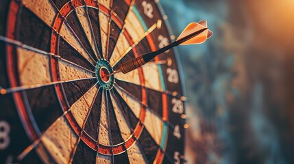 Close-up of a dart hitting the bullseye on a dartboard with an arrow symbol and finish line in the background, symbolizing precision and goal achievement