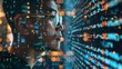 © PhotoPhantasm - Visionary image of an AI developer, shown with a background of binary codes and machine learning diagrams, highlighting innovation