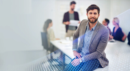 Business, man and portrait in co working office for creative job, happy employee and company goals with vision for growth. People, workplace and meeting discussion, project manager and male person