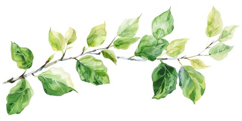 Stem Leaves. Birch Branch with Green Watercolor Illustration of Spring Lush Realistic Tree Element
