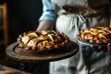 Pies Food. Woman Holding Fresh Baked Pies on Table in Domestic Setting