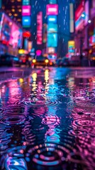 Poster - Ripples in a puddle enlighted by neon lights. a neon-lit city street during a rainstorm, focusing on a puddle with raindrops creating ripples