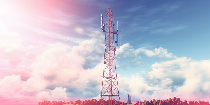 antenna tall tower for mobile phone signal in the landscape, telecommunication cellular tower in sun