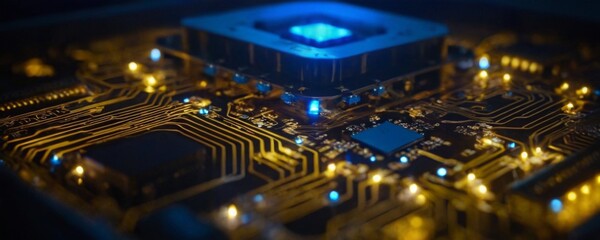 A blue computer chip with a heart on it