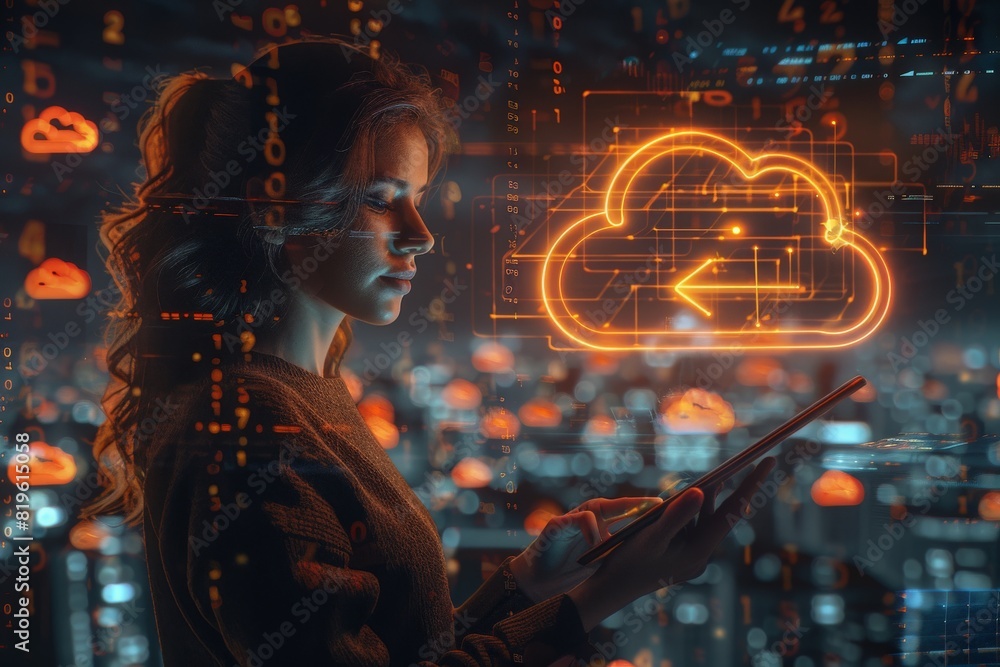 Cloud service concept with digital glowing cloud sign with arrow up and ...