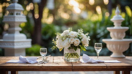 Elegant Setting, White Wooden Tabletop with Blurred Wedding Garden Background.