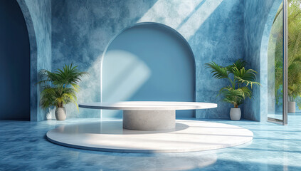 Fototapete - Large Product Presentation Room with Plants and Pedestal extreme closeup. Generative AI