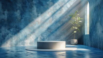 Fototapete - Large Product Presentation Room with Plants and Pedestal extreme closeup. Generative AI